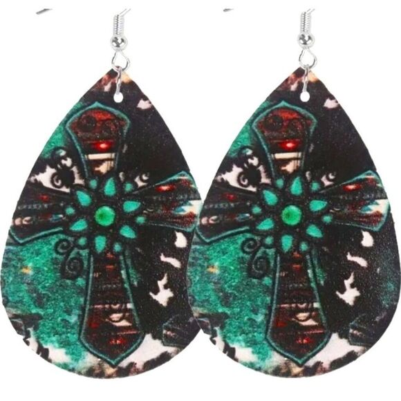 Cross Leather Dangle Earrings New‎ - Picture 1 of 2